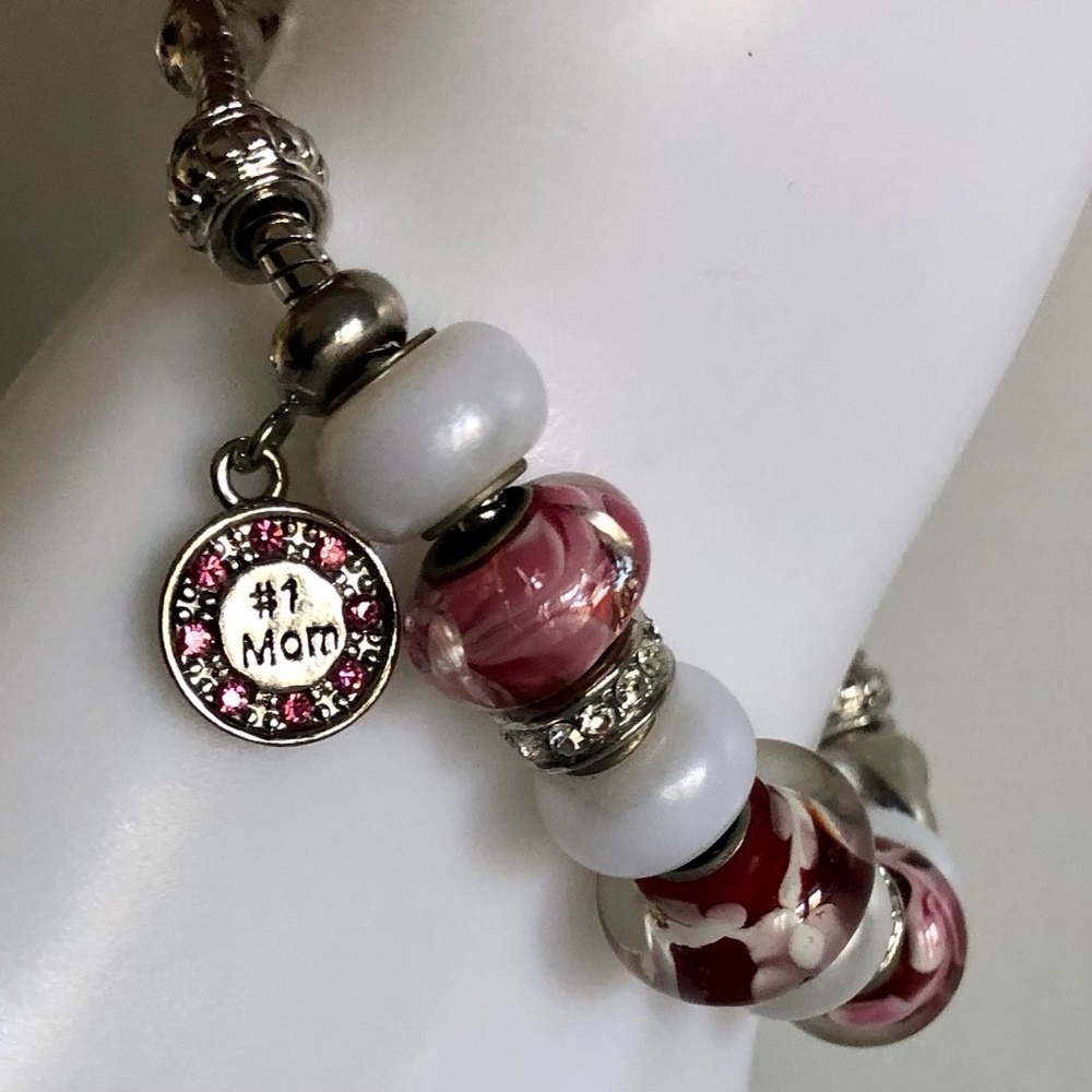 #1 Mom Silvertone Snake Chain Slide Charm Bracelet